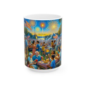 Patriotic Celebration Mug, 4th of July Gift, Festive Ceramic Coffee Cup, BBQ Party Essentials, Summer Gatherings, Fireworks Design
