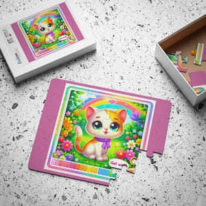 Kids' Puzzle, 30-Piece - Cute Cartoon Kitten with Flowers, Children's Jigsaw Game, Fun Animal Puzzle, Educational Toy for Kids, Adorable Cat