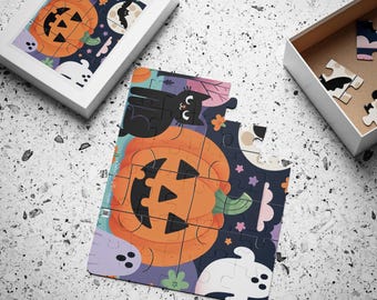 Halloween pompoenpuzzel voor peuters, bestaande uit 30 stukjes.