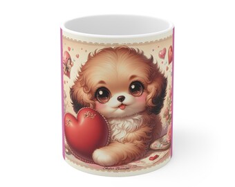 Kawaii Puppy Heart Coffee Mug 11oz | Cute Romantic Dog Design