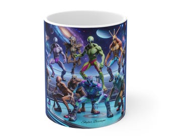 Taza de 325 ml, Lucha de extraterrestres, Taza de café única, Taza de té novedosa, Artículos para beber de criaturas cósmicas, Idea de regalo extraterrestre, OVNI peculiar