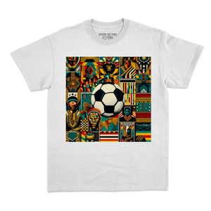 May include: White t-shirt with a vibrant geometric design and a football in the centre. The design includes diverse patterns and portraits in red, yellow, green, and blue. The shirt has the text "AFRIK CULTURE CLOTHING" on the collar.