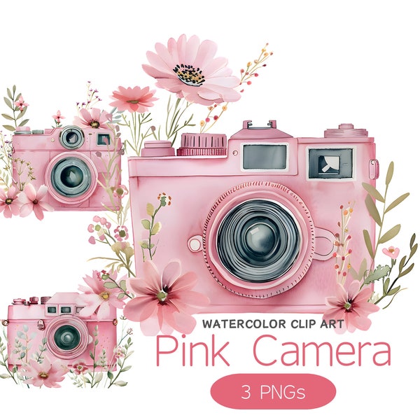 Pink Camera Clipart, Set of 3, PNG, Instant Digital Download, Watercolor Clipart, Card Making