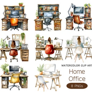 Home Office Clipart,  Watercolor home office, Office png, Desk, Home Desk, Working at home, Transparent Background