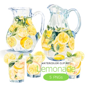 Imágenes prediseñadas de limonada, limonada de color agua, bebida de verano, conjunto de 5, PNG, descarga digital instantánea, imágenes prediseñadas de acuarela, fabricación de tarjetas