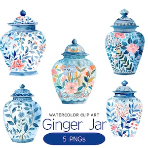 Ginger Jar Clipart, Water color ginger jar, Set of 5, PNG, Instant Digital Download, Watercolor Clipart, Card Making