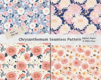 May include: Four digital paper patterns featuring a seamless design of pink and white chrysanthemums on various backgrounds, including blue, cream, and white. The text "Chrysanthemum Seamless Pattern" and "Digital Paper 4 JPEG Files" is included in the image.
