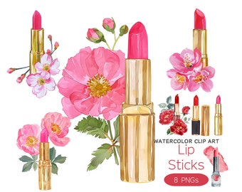 Clipart di rossetti, rossetti con fiori, set di 8, PNG, download digitale istantaneo, clipart acquerello, creazione di biglietti