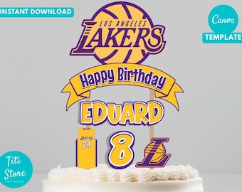 Adorno para tarta de cumpleaños de los Lakers, plantilla editable de Canva (descarga digital)