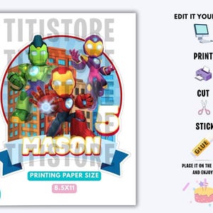 Puede incluir: Una decoraci&oacute;n de fiesta imprimible con personajes de superh&eacute;roes, el n&uacute;mero 5 y el nombre "MASON". El dise&ntilde;o incluye el texto "PRINTING PAPER SIZE 8.5X11" y el logotipo de Titi Store. La imagen tambi&eacute;n incluye instrucciones para imprimir, cortar y pegar la decoraci&oacute;n.