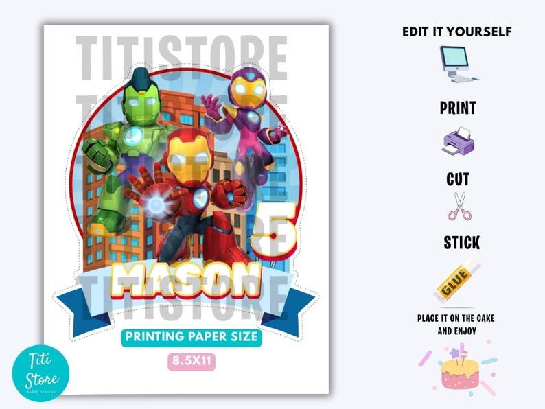 Puede incluir: Una decoraci&oacute;n de fiesta imprimible con personajes de superh&eacute;roes, el n&uacute;mero 5 y el nombre "MASON". El dise&ntilde;o incluye el texto "PRINTING PAPER SIZE 8.5X11" y el logotipo de Titi Store. La imagen tambi&eacute;n incluye instrucciones para imprimir, cortar y pegar la decoraci&oacute;n.