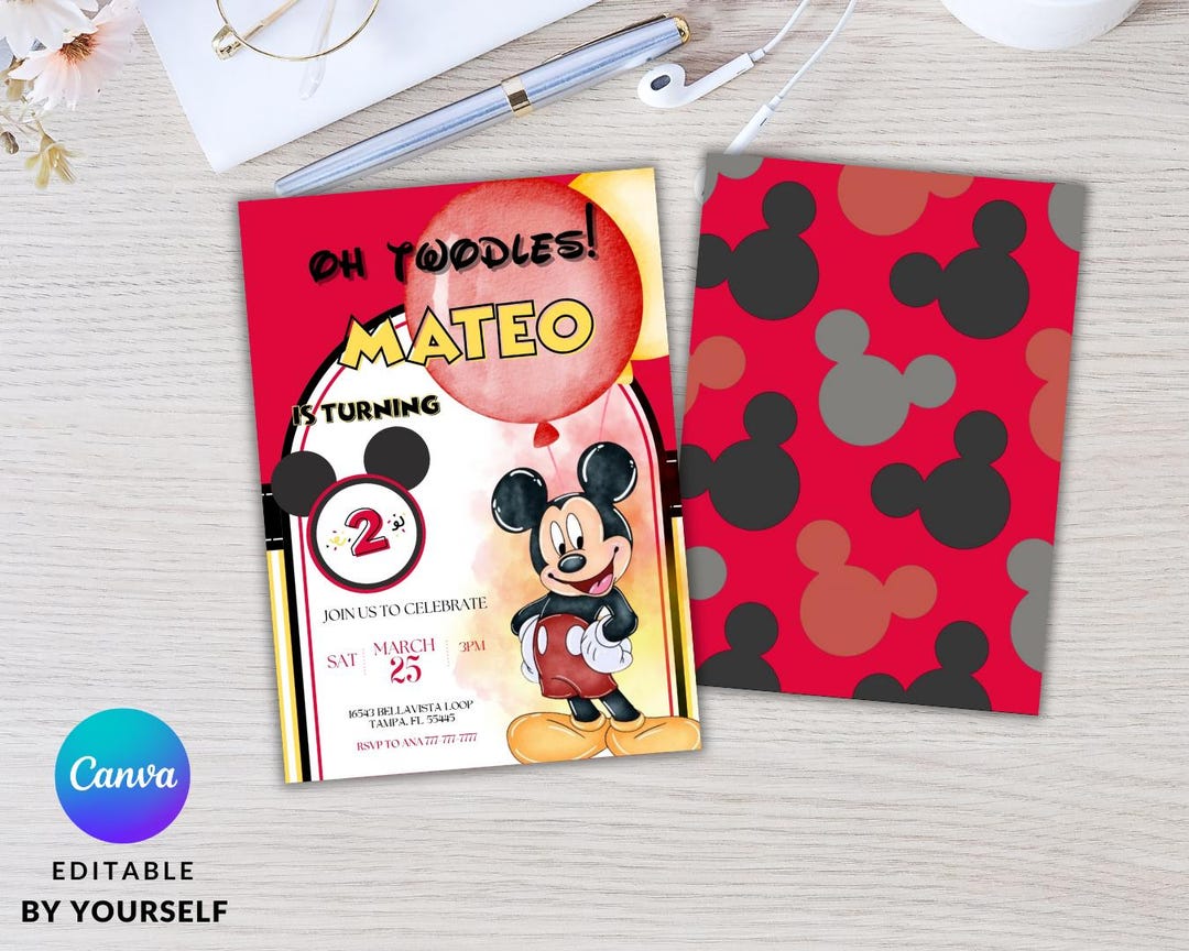 Editable Mickey Mouse Birthday Invitation: Canva Template (5x7 ...