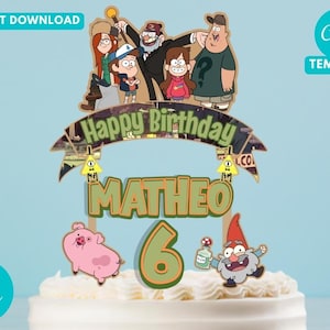Puede incluir: Un adorno para pastel con personajes de la serie animada Gravity Falls. El adorno incluye el texto "Happy Birthday" y el nombre "MATHEO" con el número "6". Elementos adicionales incluyen un cerdo rosa y un gnomo.