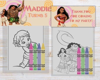 Moana Coloring Pages & Crayons, Birthday Party Favors