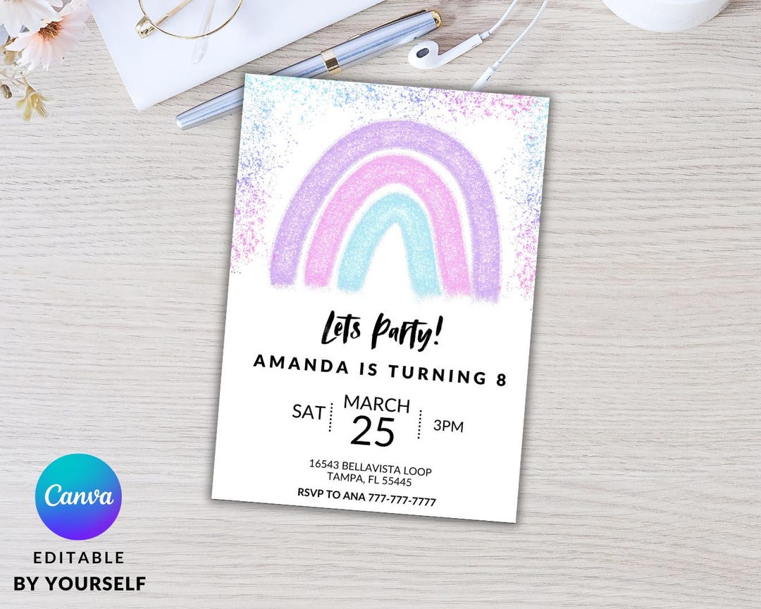 Rainbow Glitter Birthday Invitation Template (edit Yourself) - Etsy