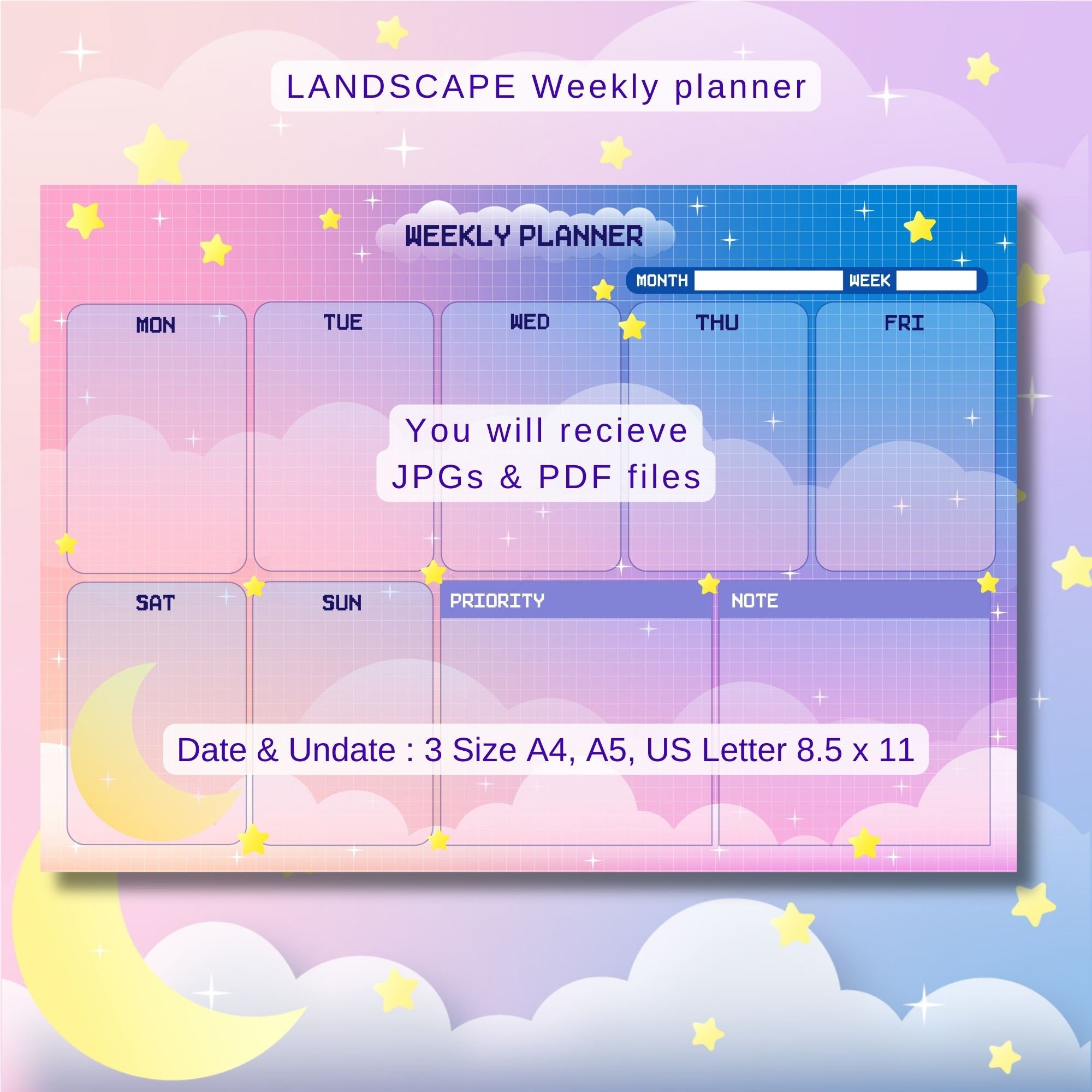 Bundle Set of Moon Night Sky Aesthetics : Printable Weekly Planner ...