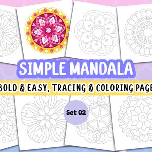 Könnte beinhalten: Satz mit sechs einfachen Mandalas zum Ausmalen. Die Mandalas sind Schwarzweißzeichnungen mit einem kräftigen und einfachen Design. Der Titel "SIMPLE MANDALA" befindet sich oben auf der Seite, und der Text "BOLD & EASY, TRACING & COLORING PAGE" befindet sich unter dem Titel. Der Text "Set 02" befindet sich in der unteren rechten Ecke der Seite.