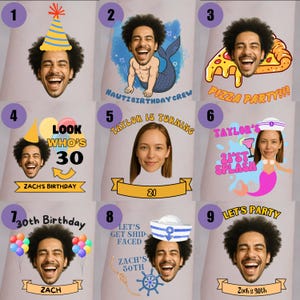 May include: A grid of nine custom birthday-themed graphic designs featuring individual faces, party hats, mermaid tails, pizza slices, and balloons. Text includes "Nauti Birthday Crew," "Look Who's 30," "Taylor is Turning," "21st Splash," and "Let's Party."