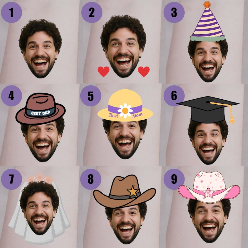 May include: A collage of nine images featuring a smiling person with various digital overlays. These include hearts, a party hat, a hat with "Best Dad", a hat with "Best Mom", a graduation cap, a bridal veil, a cowboy hat, and a pink cowboy hat.
