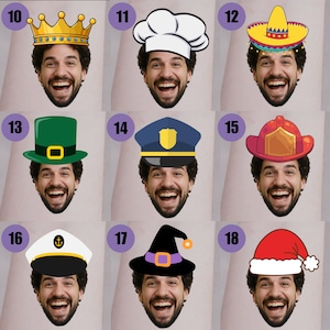 May include: A collage of nine different hats superimposed on a smiling face. The hats include a gold crown, chef's hat, sombrero, green top hat, police hat, firefighter helmet, captain's hat, witch hat, and Santa hat.