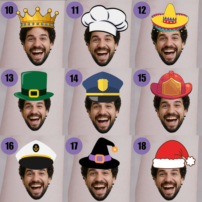 May include: A collage of nine different hats superimposed on a smiling face. The hats include a gold crown, chef's hat, sombrero, green top hat, police hat, firefighter helmet, captain's hat, witch hat, and Santa hat.