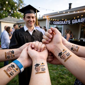 Custom Grad Face Temporary Tattoo — Graduation Party Favor, Class of 2026 Gift