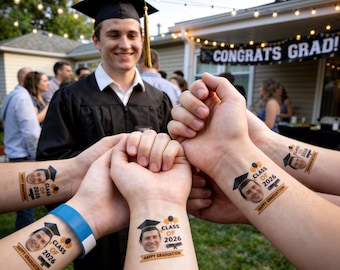 Custom Grad Face Temporary Tattoo — Graduation Party Favor, Class of 2026 Gift