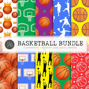 Paquete de papel digital de baloncesto, patrones sin costuras, descarga instantánea, uso comercial; baloncesto, tablero, silueta de jugador de baloncesto, aros