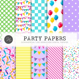 Party-Muster digital Papier Pack, nahtloses Design, leuchtende Farben, sofortiger Download kommerzielle Nutzung; Wimpelketten, Girlanden, Luftschlangen, Luftballons und Konfetti