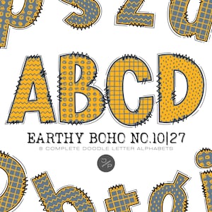 Earthy Boho 10|27 Alphabet Letters PNG Bundle, Hand Drawn Doodle Letters, Sublimation Alpha Set Designs, Printable Alpha Pack Commercial Use