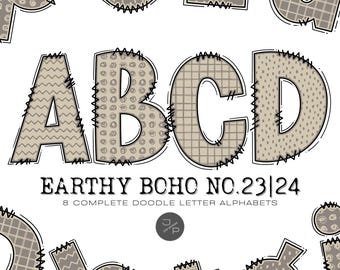Earthy Boho 23|24 Alphabet Letters PNG Bundle, Hand Drawn Doodle Letters, Sublimation Alpha Set Designs, Printable Alpha Pack Commercial Use