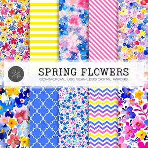 Frühlingsblumen als digitale Papierpackung, zum sofortigen Download, für kommerzielle Nutzung; hellgelbe, rosa, lila und blaue Blumenmuster