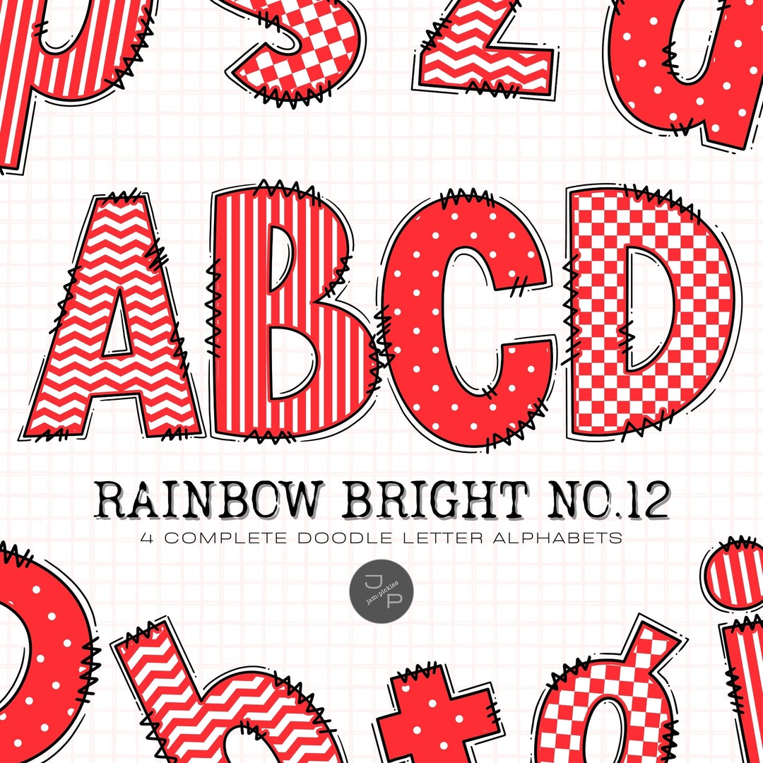 Rainbow Bright 12 Alphabet Letters PNG Bundle, Hand Drawn Doodle