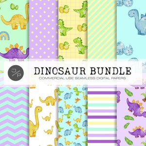 Dinosaur digital paper pack, t-rex scrapbook pages, baby dino seamless patterns, cute jurassic background, instant download, commercial use