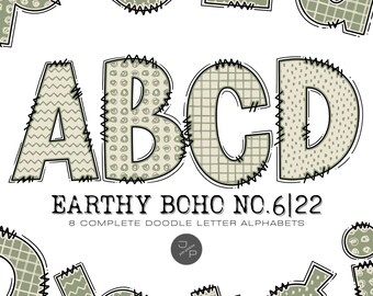 Erdiges Boho 6|22 Alphabet Buchstaben PNG Bundle, handgezeichnete Doodle Buchstaben, Sublimationsalpha Set-Designs, druckbares Alpha Paket, kommerzielle Nutzung