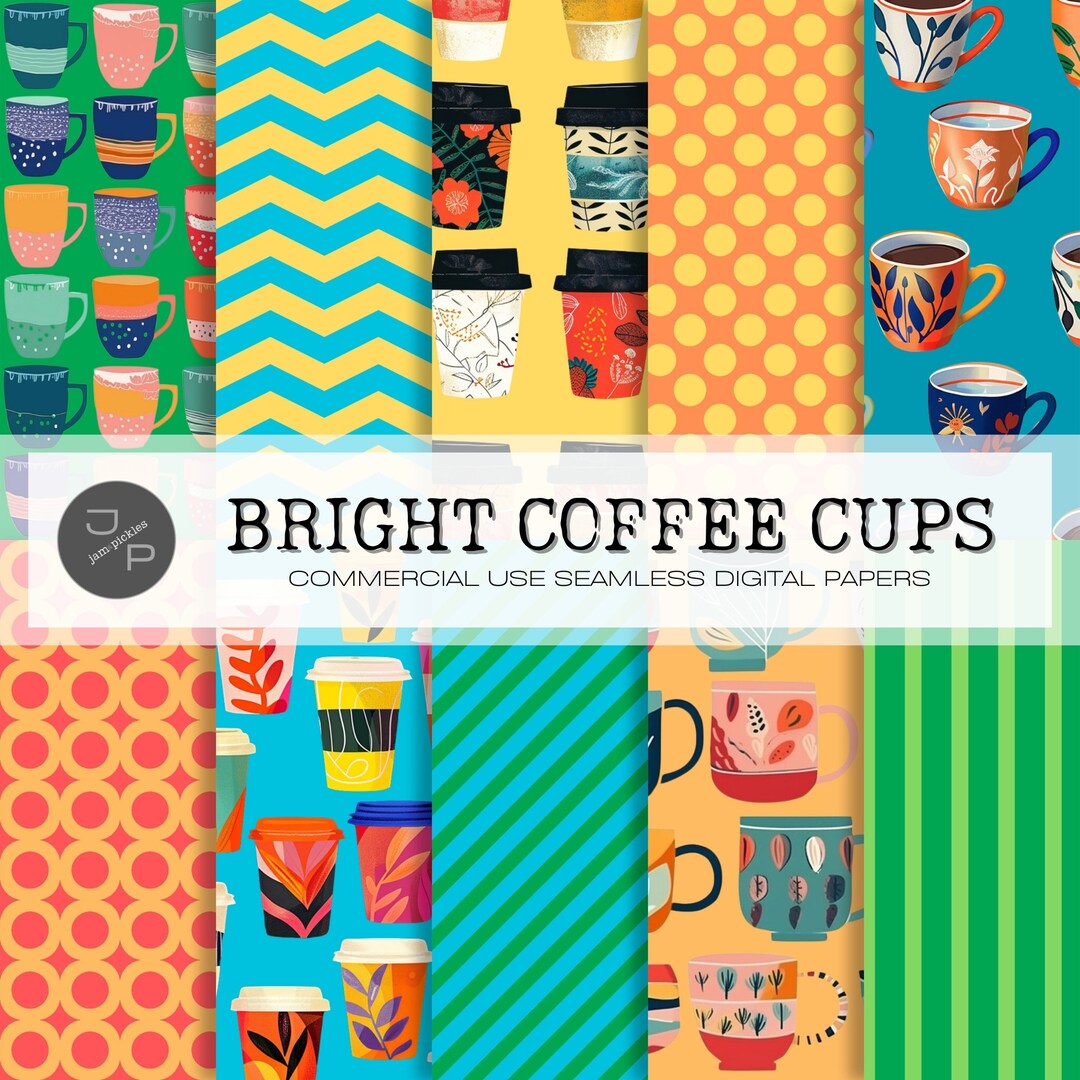 Bright Coffee Cups Digital Paper Pack, Coffee Mug Scrapbook Pages ...