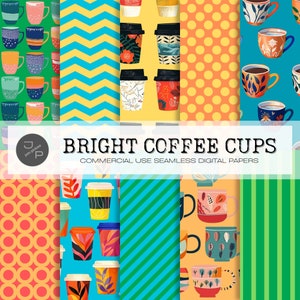 Helle Kaffeetassen digitales Papier, Kaffeebecher Scrapbook Seiten, Becher nahtloses Muster, druckbarer Hintergrund, kommerzielle Nutzung
