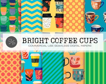 Bright coffee cups digital paper pack, coffee mug scrapbook pages, tumbler seamless pattern, printable background, commercial use