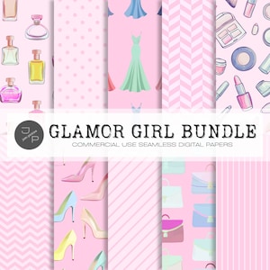 Glamour girl digital paper pack, nahtloses Muster, sofortiger Download, kommerzielle Nutzung; Mode, Makeup, Glamour, Abiball, Abendkleid, High Heels, Parfüm