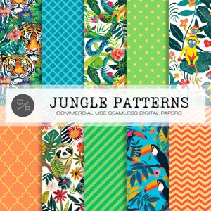 May include: A set of 10 digital paper patterns featuring jungle animals, plants, and geometric designs. The patterns include tigers, monkeys, toucans, sloths, snakes, and more. The colors are bright and vibrant, with a tropical feel. The patterns are seamless and can be used for a variety of projects, such as scrapbooking, card making, and digital design.