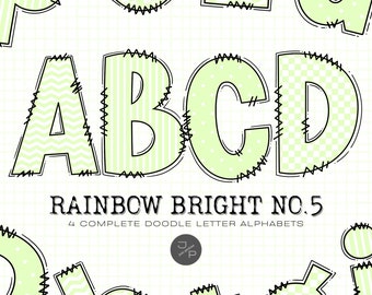 Regenbogen hell 5 Alphabet Buchstaben PNG Bundle, Hand gezeichnet Doodle, Sublimation Alpha Set Designs PNG - Dot, Stripes, Chevron & Checkers