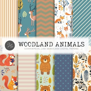 Waldtier digitales Papier, Fuchs, Hirsch, Bär, Eichhörnchen, Waschbär, Waldhintergrund, nahtloses Muster, Scrapbookseiten, kommerzielle Nutzung