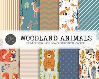 Woodland animal digital paper pack, fox deer bear squirrel raccoon forest background, seamless pattern, scrapbook pages, commercial use