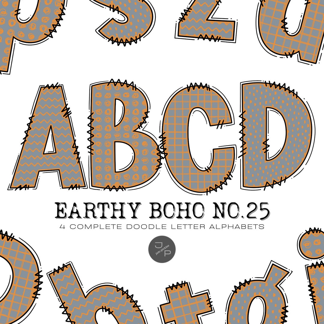 Earthy Boho 25 Alphabet Letters PNG Bundle, Hand Drawn Doodle Letters ...