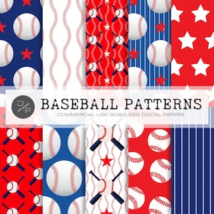 Baseball digitale Papiere, nahtloses Muster, sofortiger Download kommerzielle Nutzung; rot weiß blau, Sterne und Streifen, Fledermaus und Ball, Baseball