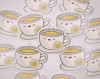 Chamomile Tea Cup Vinyl Sticker | Water Resistant Sticker for Laptops, Water Bottles, and Notebooks