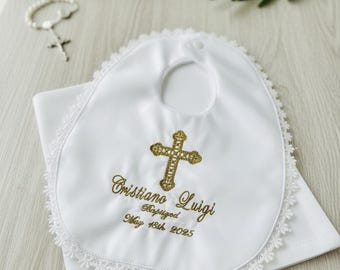 White Satin Baptism Bib embroidered with Soft Cotton Backing – Elegant Christening Accessory for Baby, Personalized, handmade