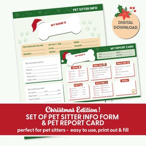 Boleta de calificaciones de mascotas de Navidad / Información del cuidador de mascotas de Navidad / Lista de verificación del cuidador de mascotas de Navidad / Cuidador de perros / Cuidador de mascotas imprimible e imprimible