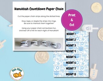 Cadena de papel con cuenta regresiva para Hanukkah, actividad para niños para Hanukkah, imprimible para Hanukkah