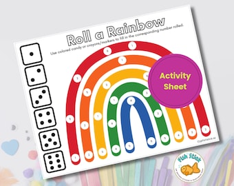 Roll A Rainbow, página de actividades de arco iris imprimible, actividad para niños, imprimible para niños, actividad de color y número